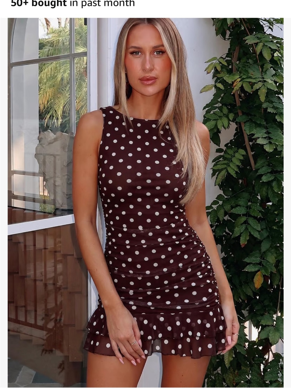Sleeveless Brown Polka Dot Ruffle-Hem Mini Dress